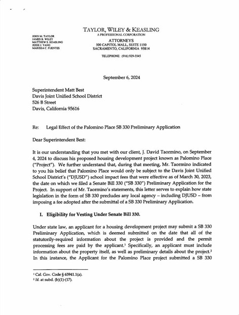 First page of the September 6, 2024 letter to Superintendent Matt Best