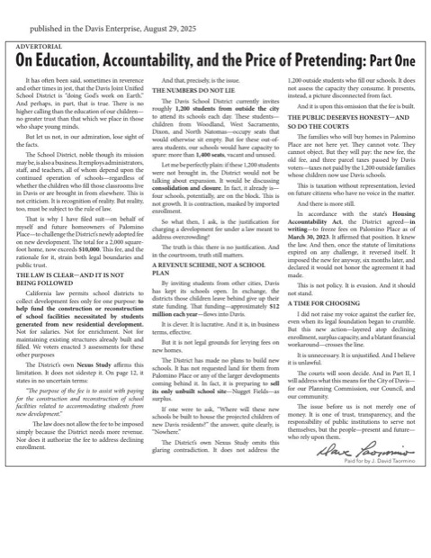 First page of the advertorial On Education, Accountability, and the Price of Pretending, Part One