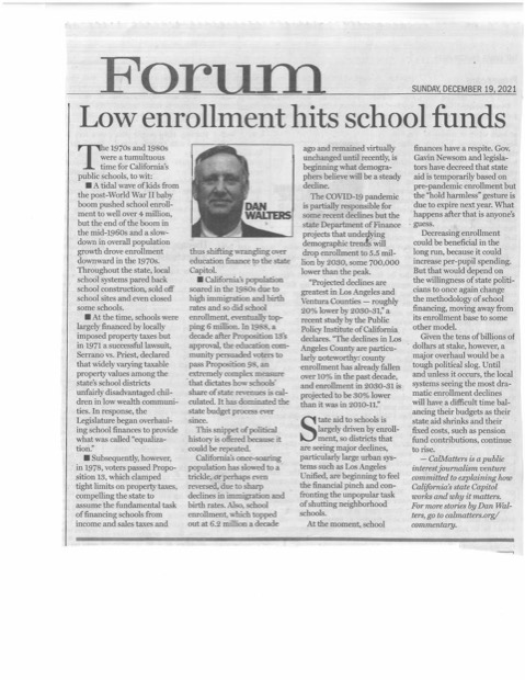 Newspaper clipping: Low enrollment hits school funds, a Dan Walters column in the Davis Enterprise Forum section, December 19, 2021