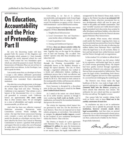 First page of the advertorial On Education, Accountability and the Price of Pretending, Part II, as published in the Davis Enterprise on September 7, 2025