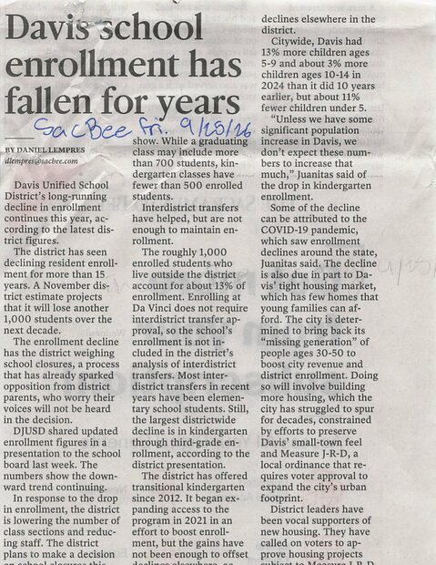 Newspaper clipping: Davis school enrollment has fallen for years, by Daniel Lempres, The Sacramento Bee, September 25, 2026