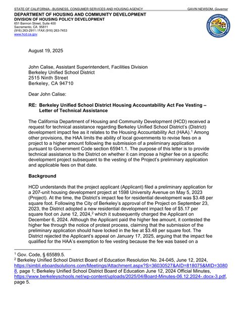 First page of a letter of technical assistance from the California Department of Housing and Community Development to Berkeley Unified School District, August 19, 2025